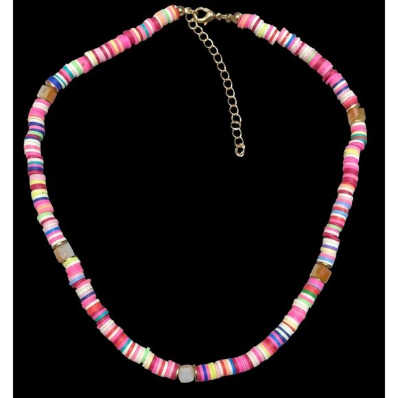 Pink Vinyl Disc Beaded Necklace With Faceted Glass Accents - Picture 1 of 5